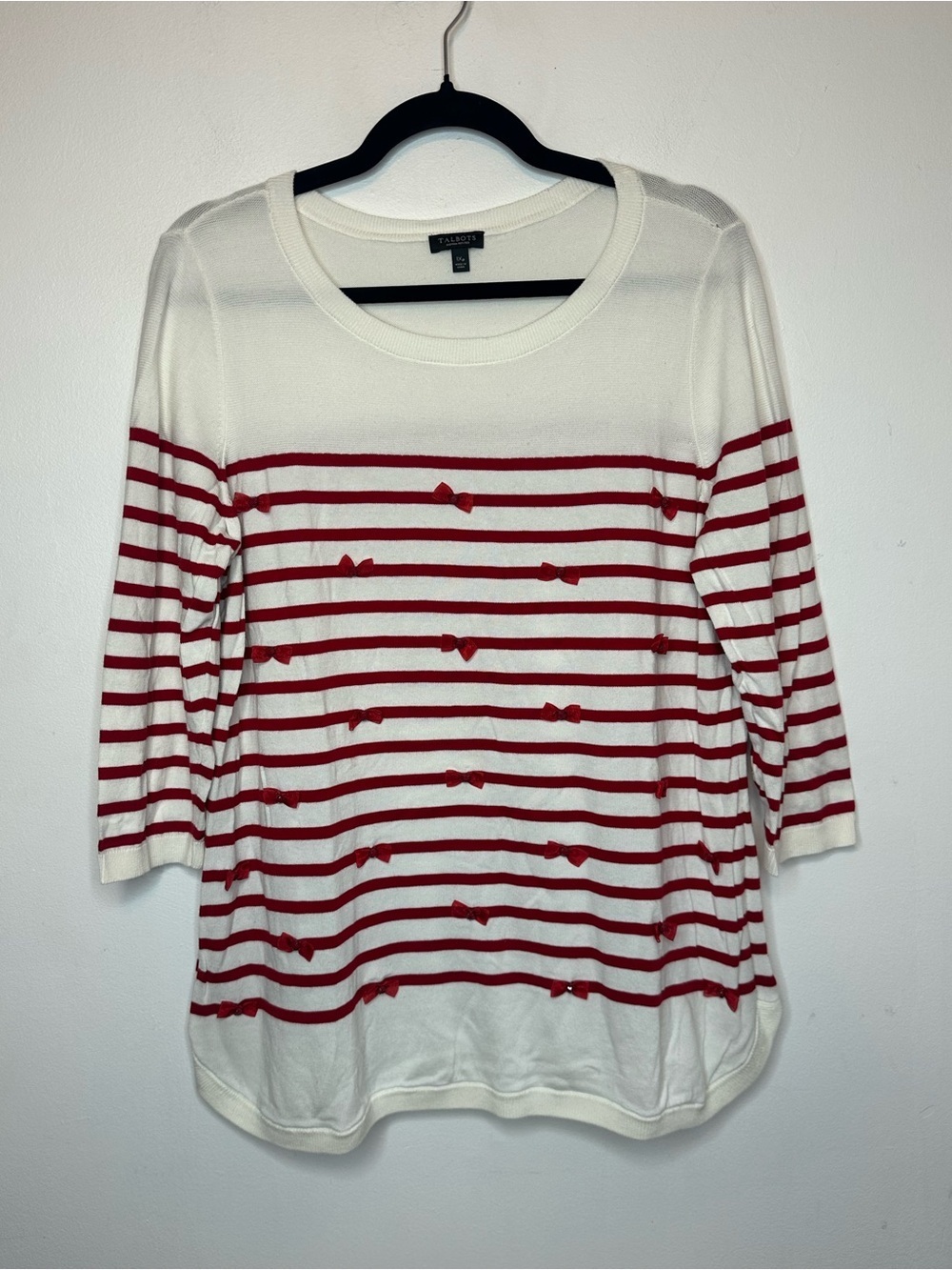 Talbots Women’s Plus Size Cute Bow Stripe Red White Tunic Sweater 1X Petite